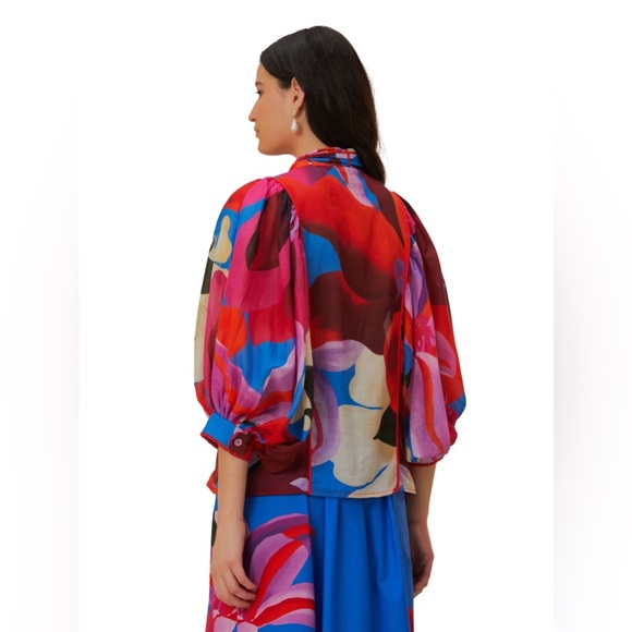 Farm Rio Watercolor Floral 3/4 Balloon Sleeve Blouse Button-Down Top Size Small - Picture 3 of 13